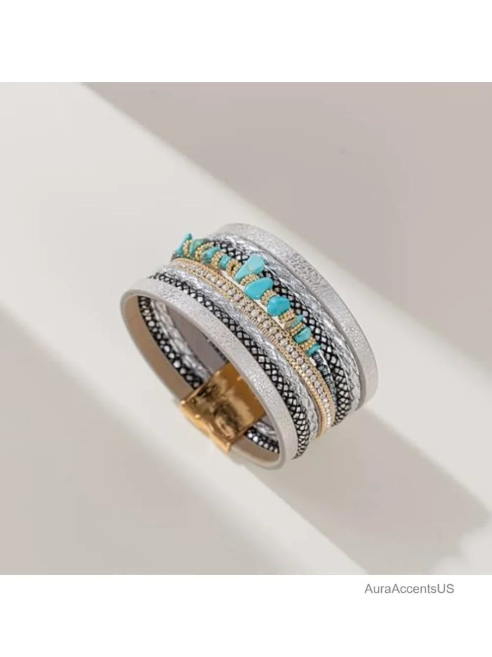 Turquoise Beaded Leather Wrap Bracelet Boho Cowgirl Stackable Magnetic Clasp